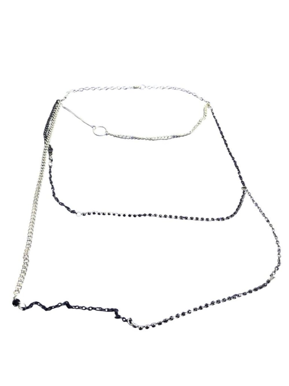 3 Strand Silvertone Black Rhinestone Chain Necklace 19 inches 30 inches 40 inch